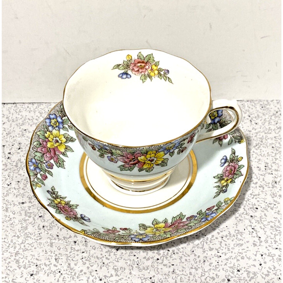 Colclough England Bone China Footed Tea Cup & Saucer Set Pale Blue & Floral - Picture 4 of 9